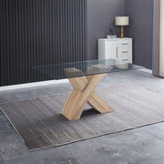 Tavolo fisso Duncan con piano in vetro e gambe incrociate effetto legno 150x90x76H