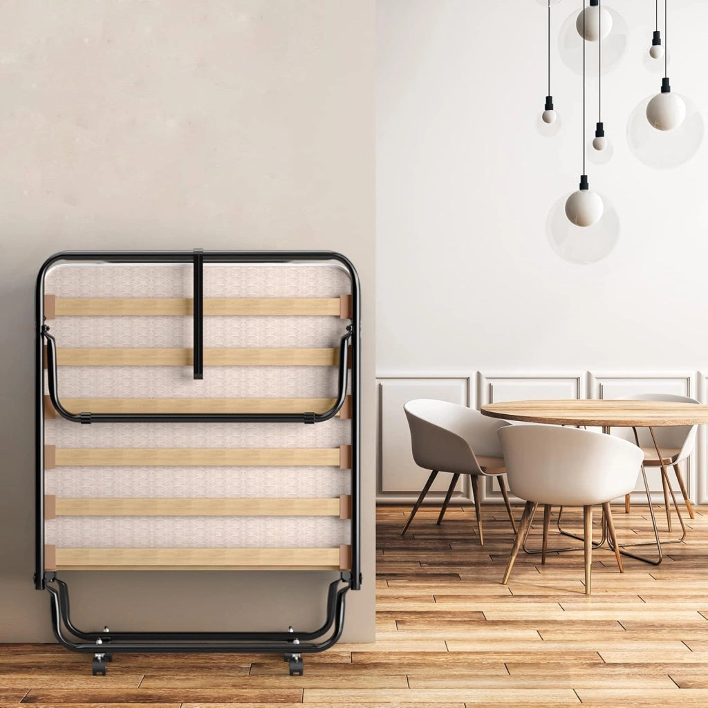 Letto Pieghevole, Singolo con 4 Ruote, 4 Gambe in Mettallo, Fibbia Fissata, 80 x 190 cm, Materasso di 10 cm, Ideale per Viaggio e di Riserva