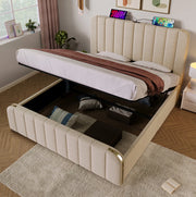 Letto matrimoniale contenitore 140x200 cm in lino beige con testiera USB e Type-C