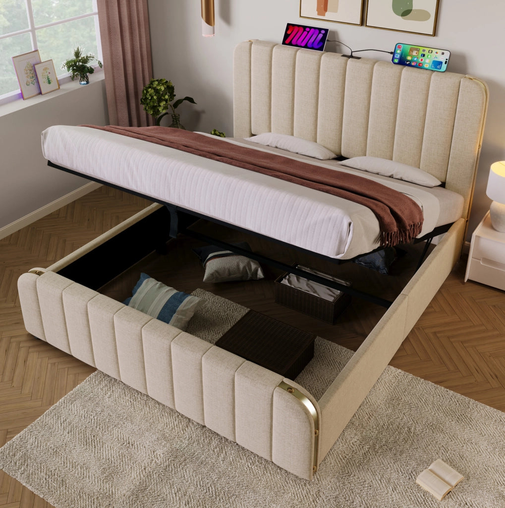 Letto matrimoniale contenitore 140x200 cm in lino beige con testiera USB e Type-C