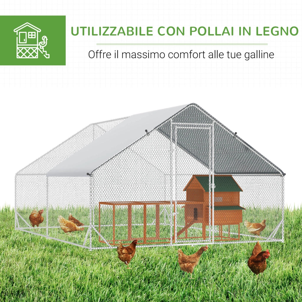 EasyComfort Pollaio da Giardino con Telaio Zincato, Copertura Impermeabile e Rete Esagonale, 3x4x2 m, Argento