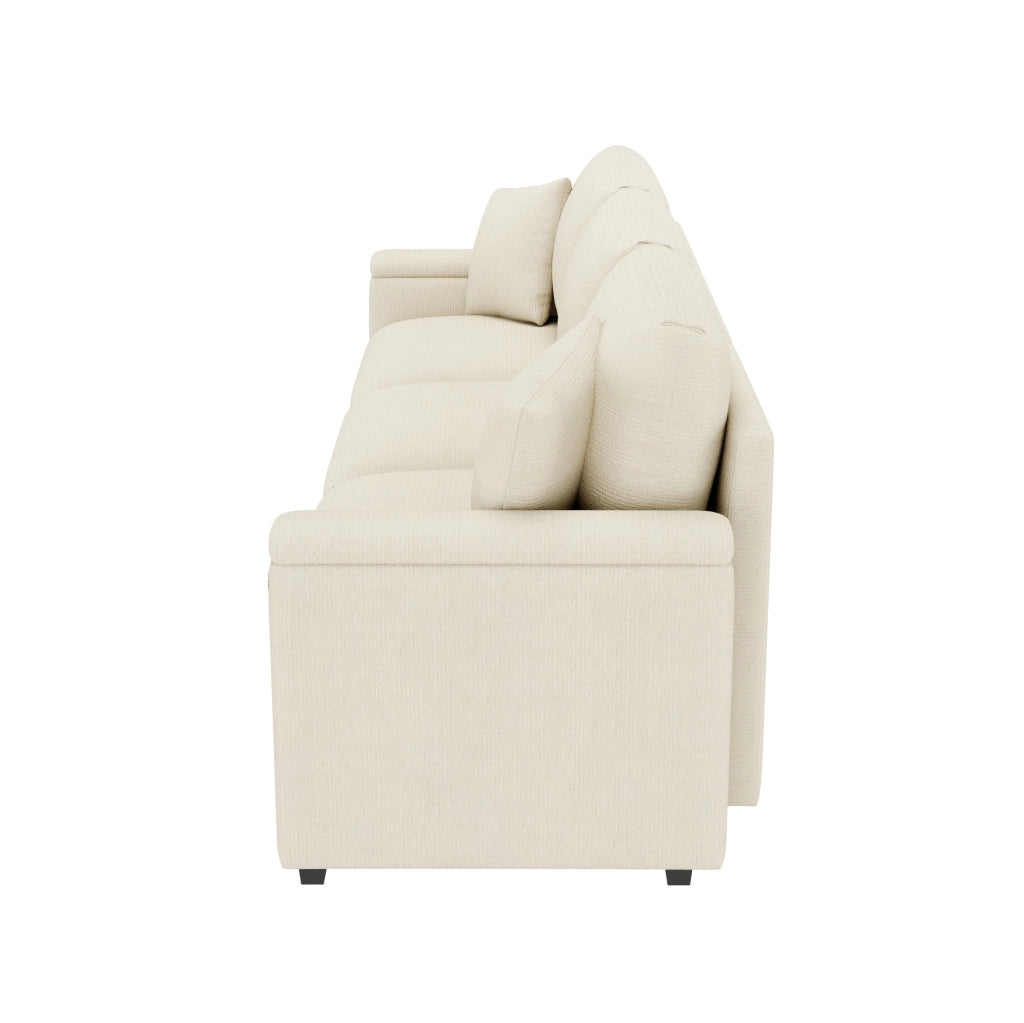 Divano 3 posti 242x80x88 cm con tavolino ribaltabile; USB; porta bicchieri e spazio contenitore in chenille beige