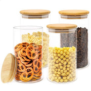Set di 4 contenitori di stock in vetro con coperchio in bambù, 1,15 L (17,5 x 10 cm). Contenitori di vetro con coperchio in legno. Chiusura ermetica. Con etichette e pennarelli.