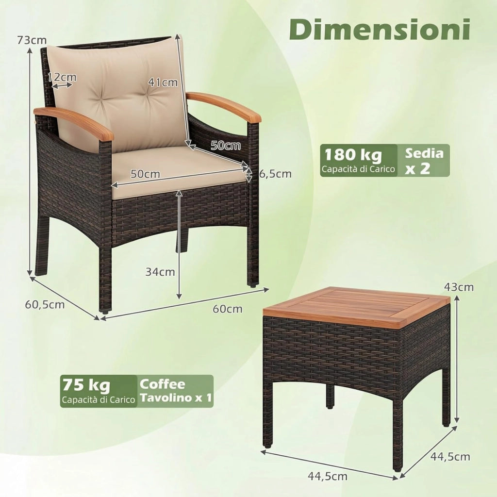 Salotto da Giardino in Rattan PE, Salottino da Esterno 3 Pz, 2 Poltrone con Braccioli e Schienale, 1 Tavolino con Piano in Legno Massello, per Terrazzo, Balcone, Patio (Marrone+Beige)