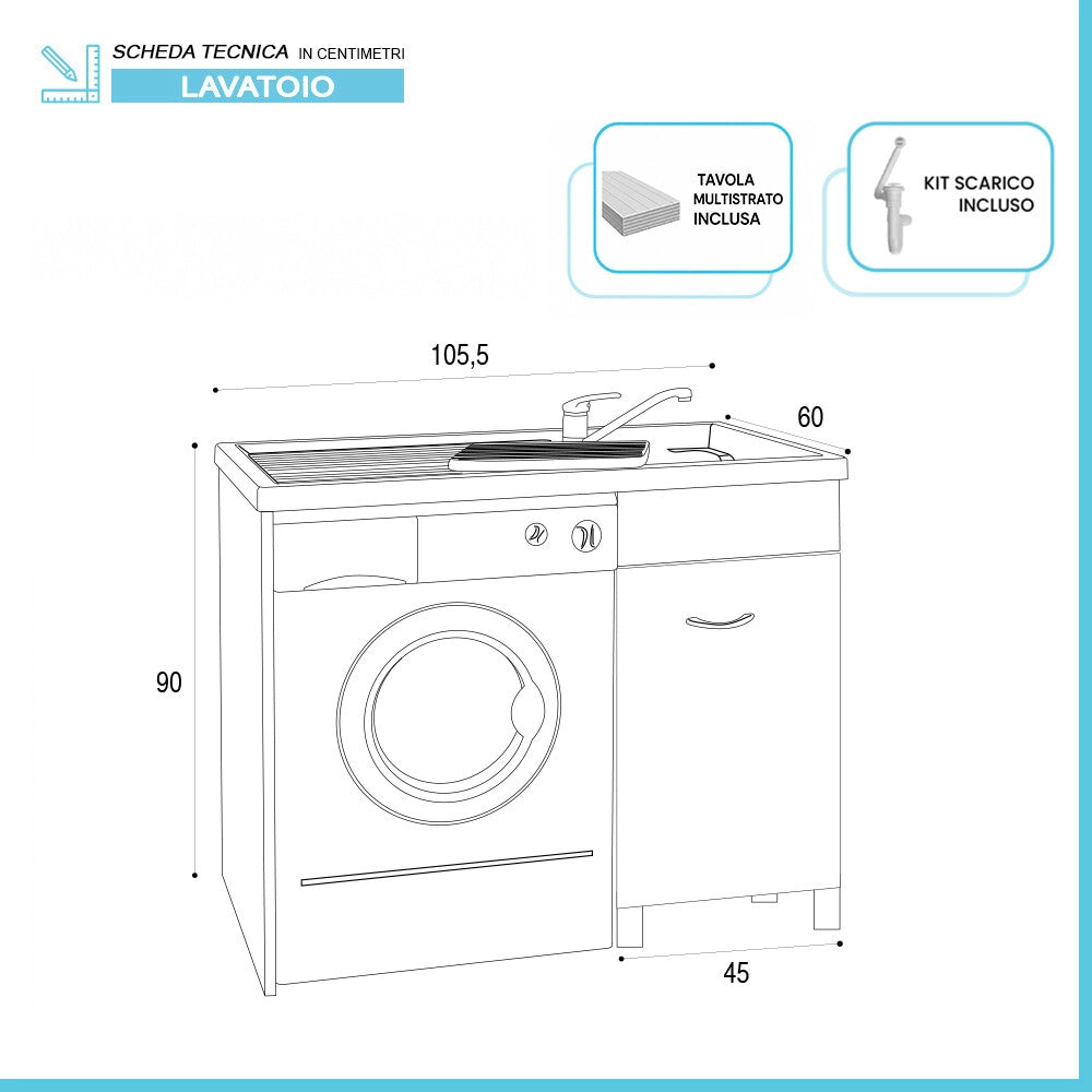 Mobile porta lavatrice 106x60 cm bianco opaco con vasca a destra e asse lavapanni incluso Medea