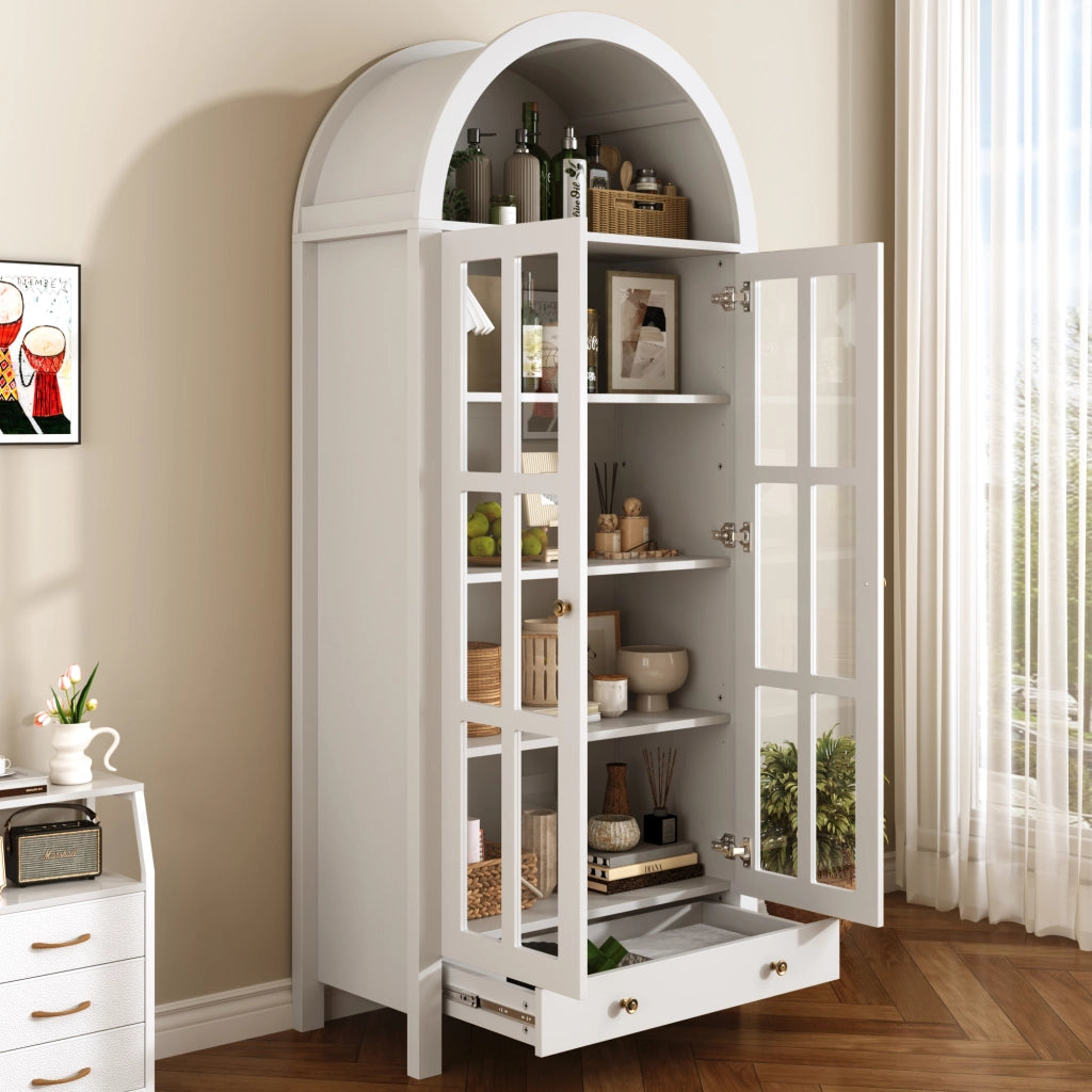 Vetrina moderna ad arco 75 x 35 x 170;5 cm con ripiani e cassetto; MDF; bianca
