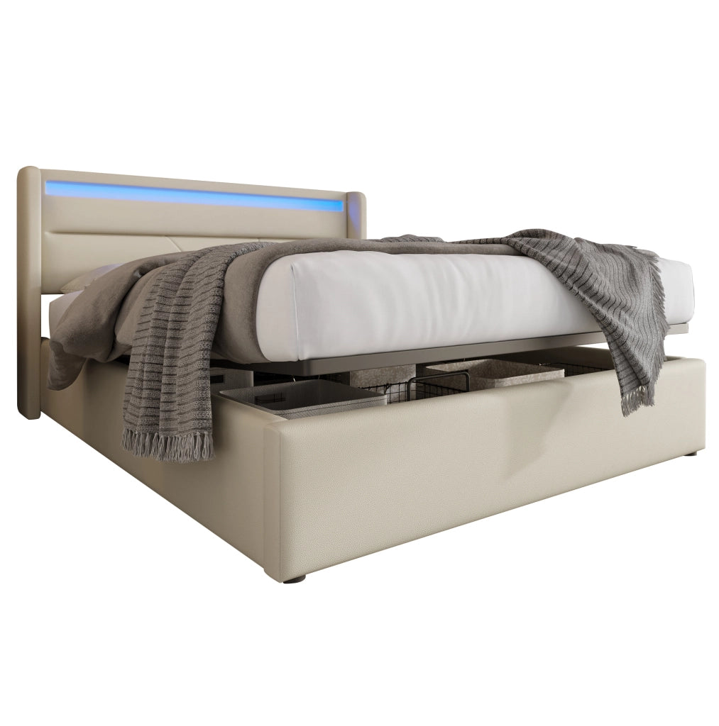 Letto matrimoniale imbottito 160x200 cm con contenitore; LED e rete ribaltabile; bianco in PU