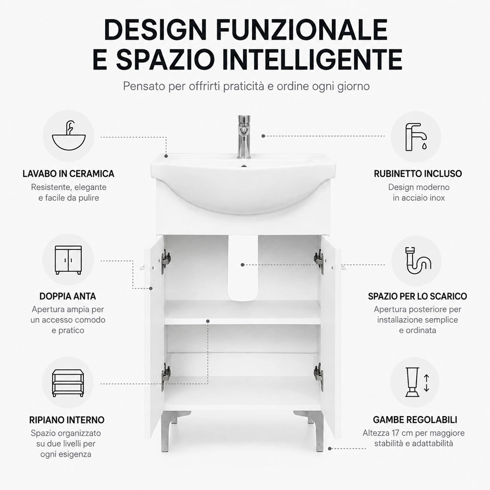 Set Completo Mobile da Bagno da Terra 55 cm Due Ante Bianco Specchio e Accessori