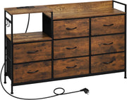 Cassettiera a 8 Cassetti in Tessuto, Cassettiera per Camera da Letto, con Sezione di Ricarica e Ganci, Piani Legno e Struttura in Metallo, Rovere Vintage+Nero