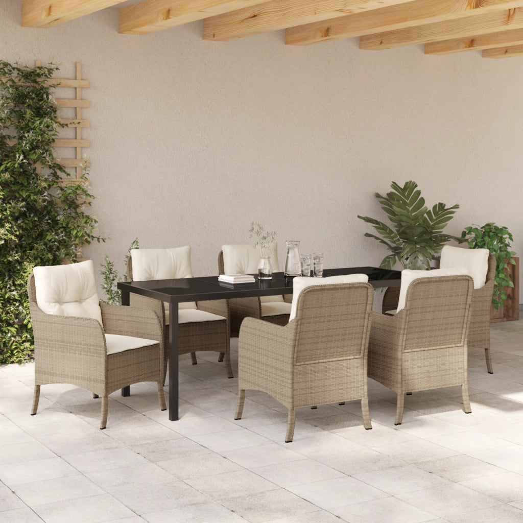 Set da Pranzo da Giardino 7 Pezzi con Cuscini Beige in Polyrattan