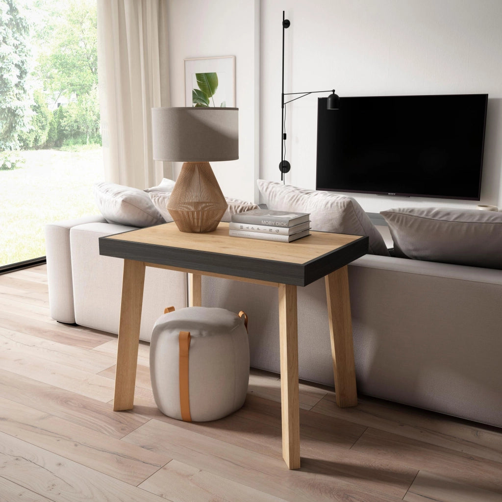 Consolle allungabile, 180x90x73cm, Per 8 persone, Gambe in legno, colore Rovere e nero RF3010