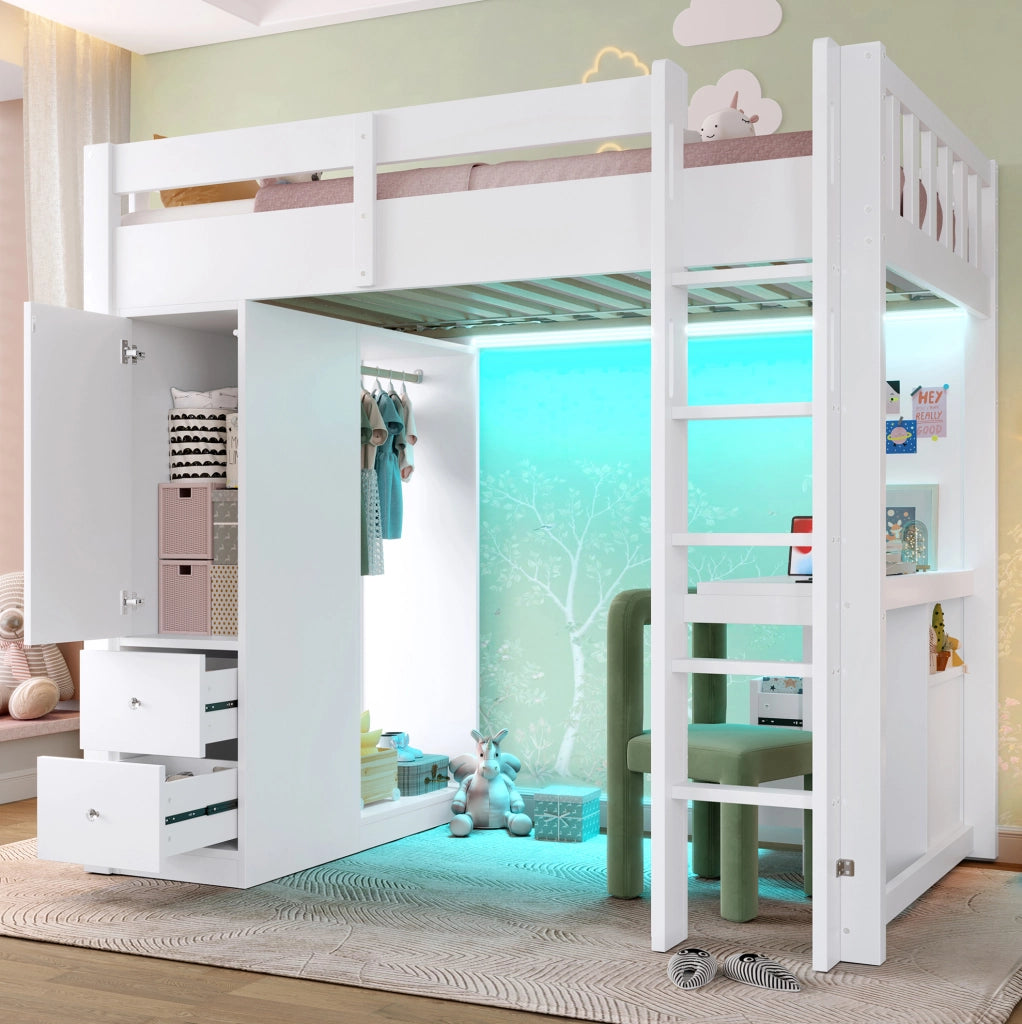 Letto a soppalco 90x200 cm in legno massello e MDF; bianco; con scrivania; LED e cassetti