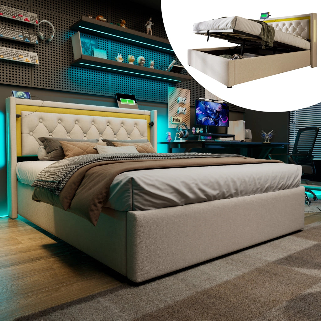 LETTO LED 140x200 cm Beige in cotone con USB e Type-C, contenitore e rete a doghe