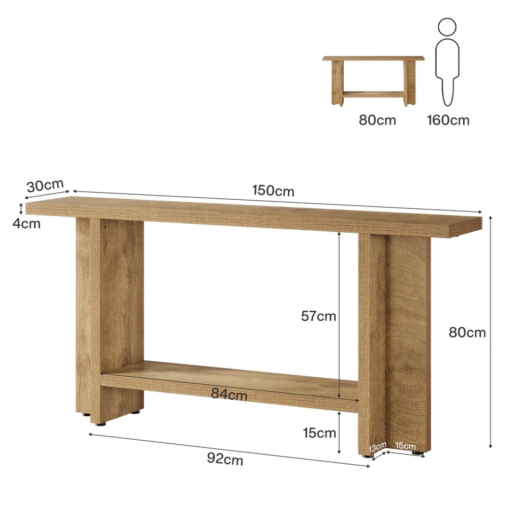 Tavolo consolle a 2 ripiani 150x30x80 cm in MDF marrone