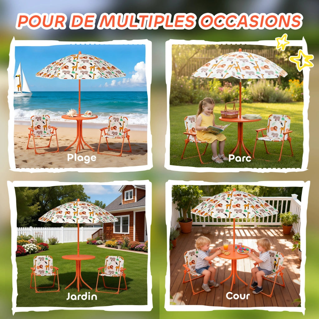 Set tavolo bambini con 2 sedie pieghevoli e parasol ? 100 cm ¨C Xylo ¨C motivo animale arancione
