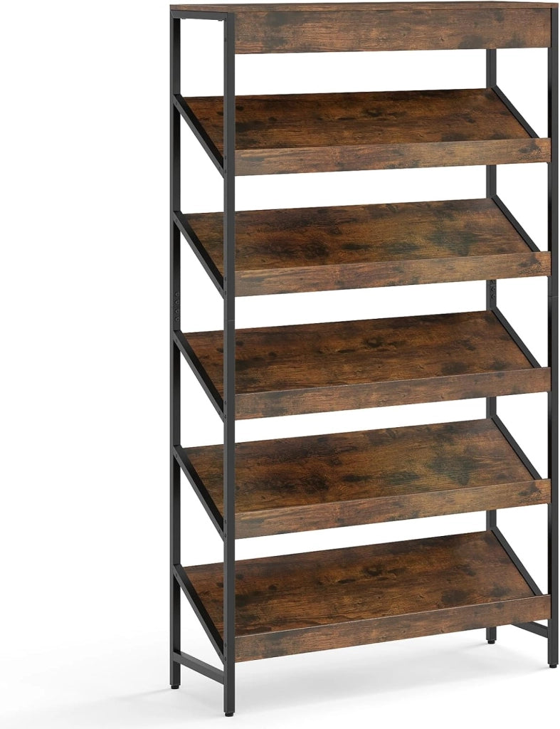 Libreria a 6 livelli con ripiani inclinati e protezione antiribaltamento, 90 x 30 x 161 cm, scaffale per soggiorno, ufficio, studio (natura)