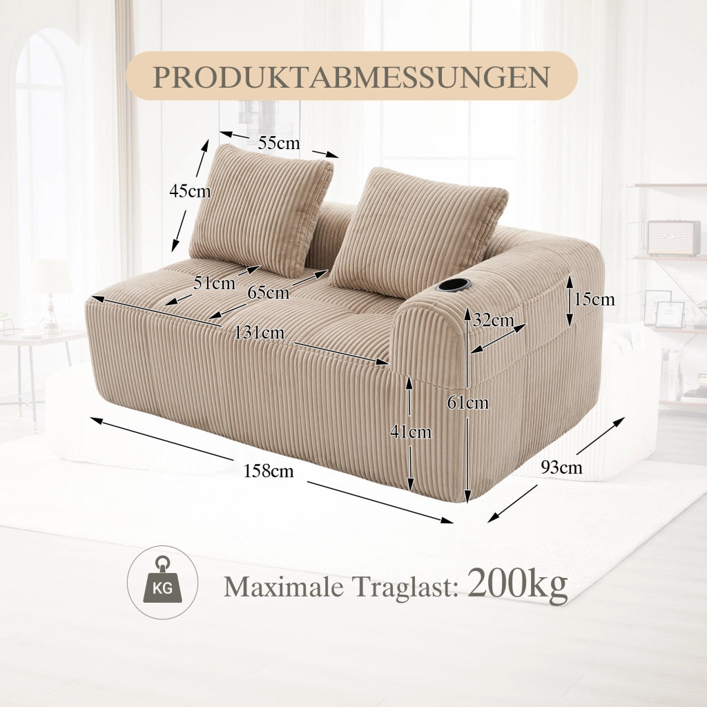 Divano a 2 posti in corduroy con tasche laterali e portabicchieri, schiuma ad alta densità e molle, khaki