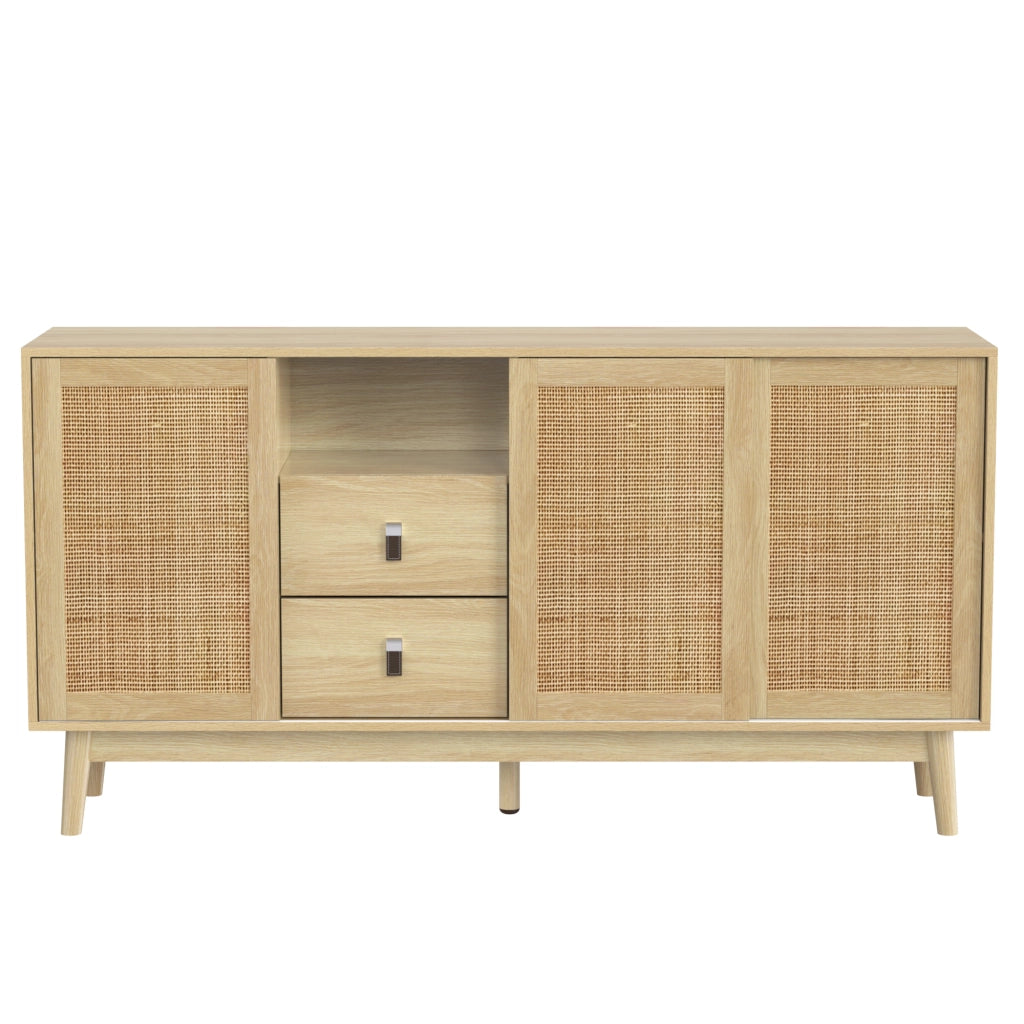 Credenza con 3 ante scorrevoli in rattan e 2 cassetti, MDF e pannelli truciolari, color legno 155 × 38 × 80 cm