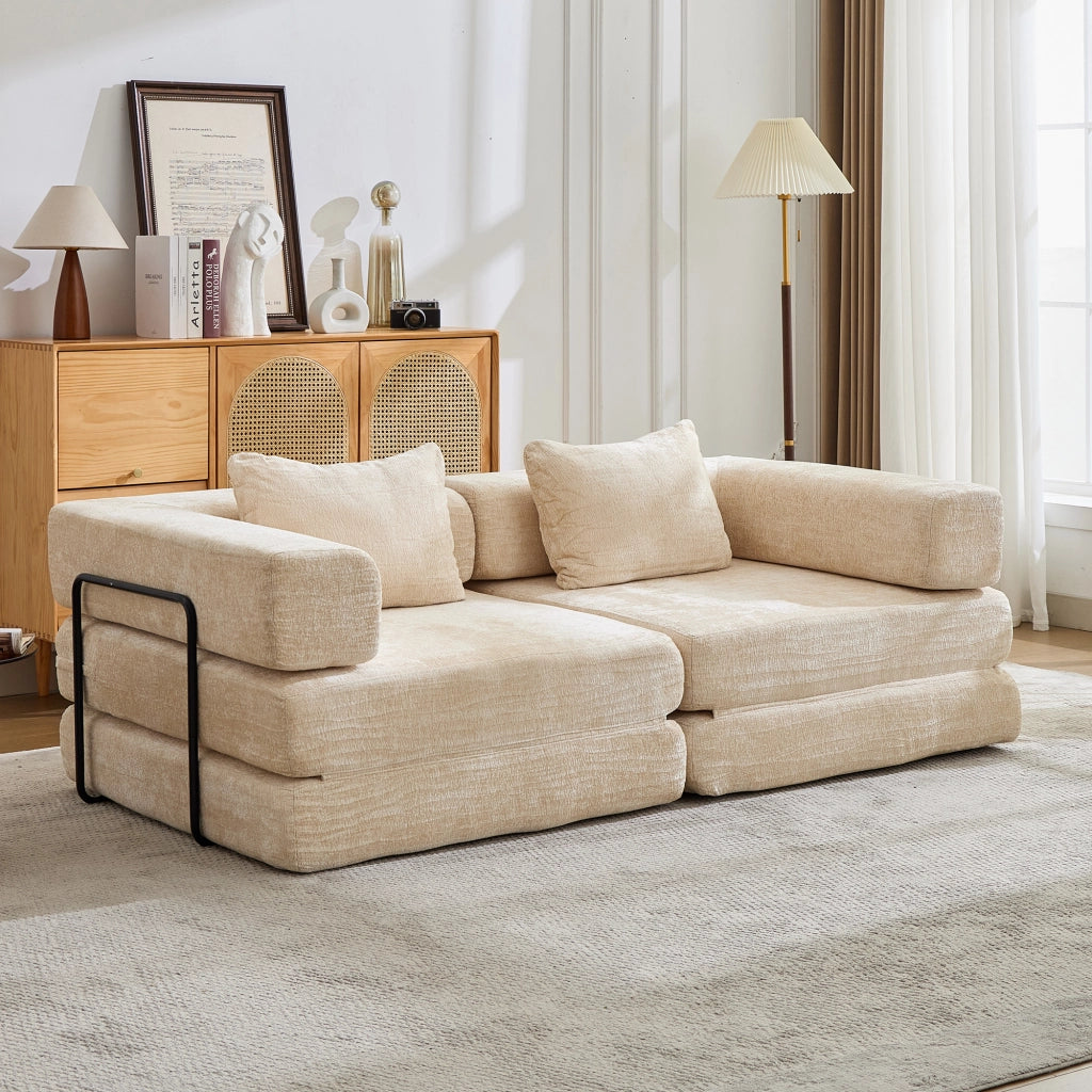 Divano letto modulare pieghevole senza montaggio in ciniglia beige per salotto camera ufficio e sala giochi