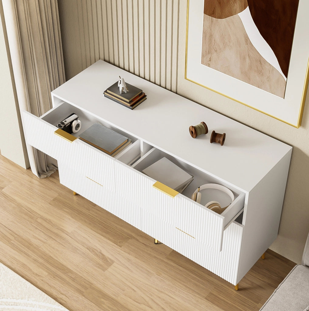 Credenza bianca e oro in legno truciolare 120x77x40 cm con 6 cassetti e gambe alte 15 cm