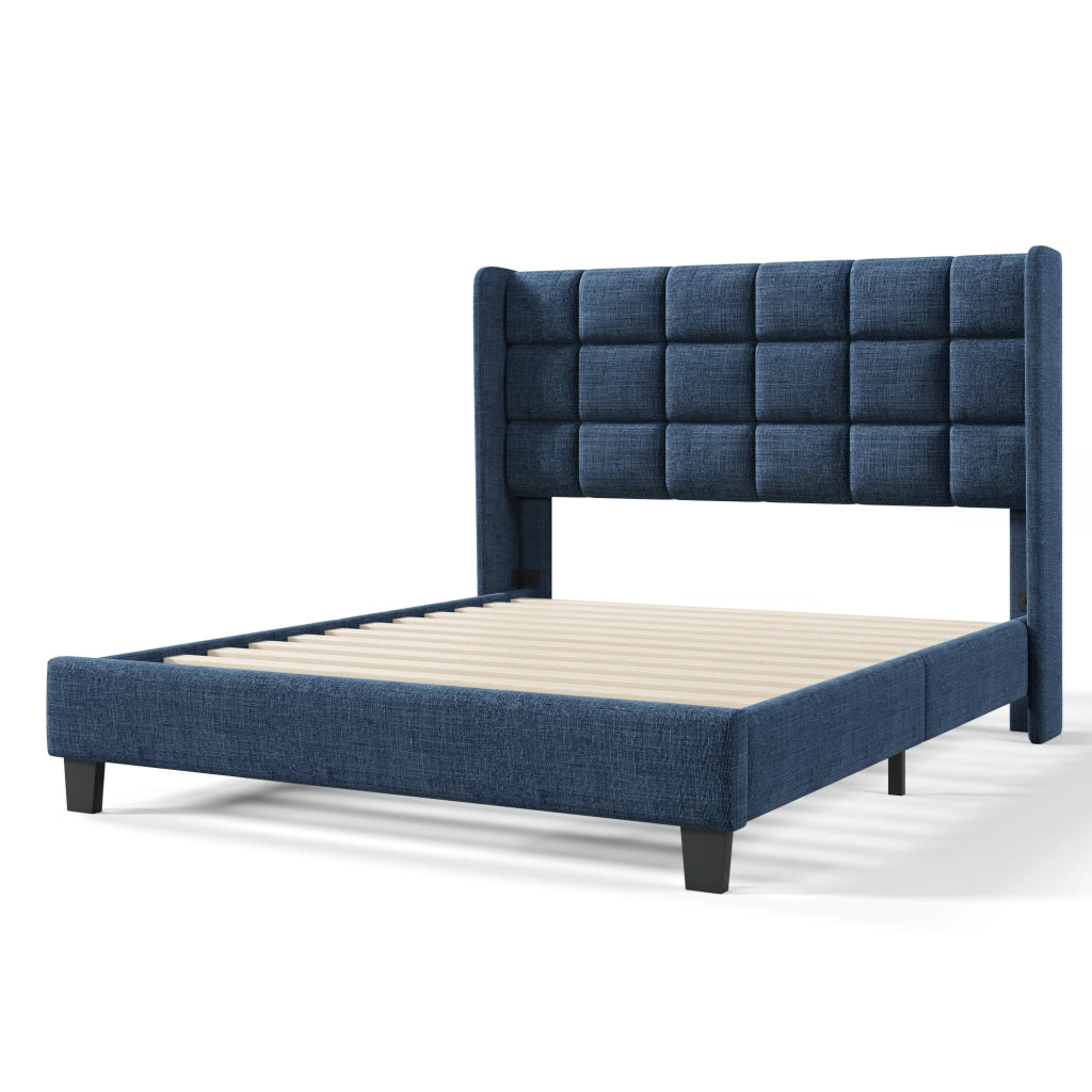 Letto Matrimoniale 140x200 Imbottito Blu con Testiera e Doghe in Legno