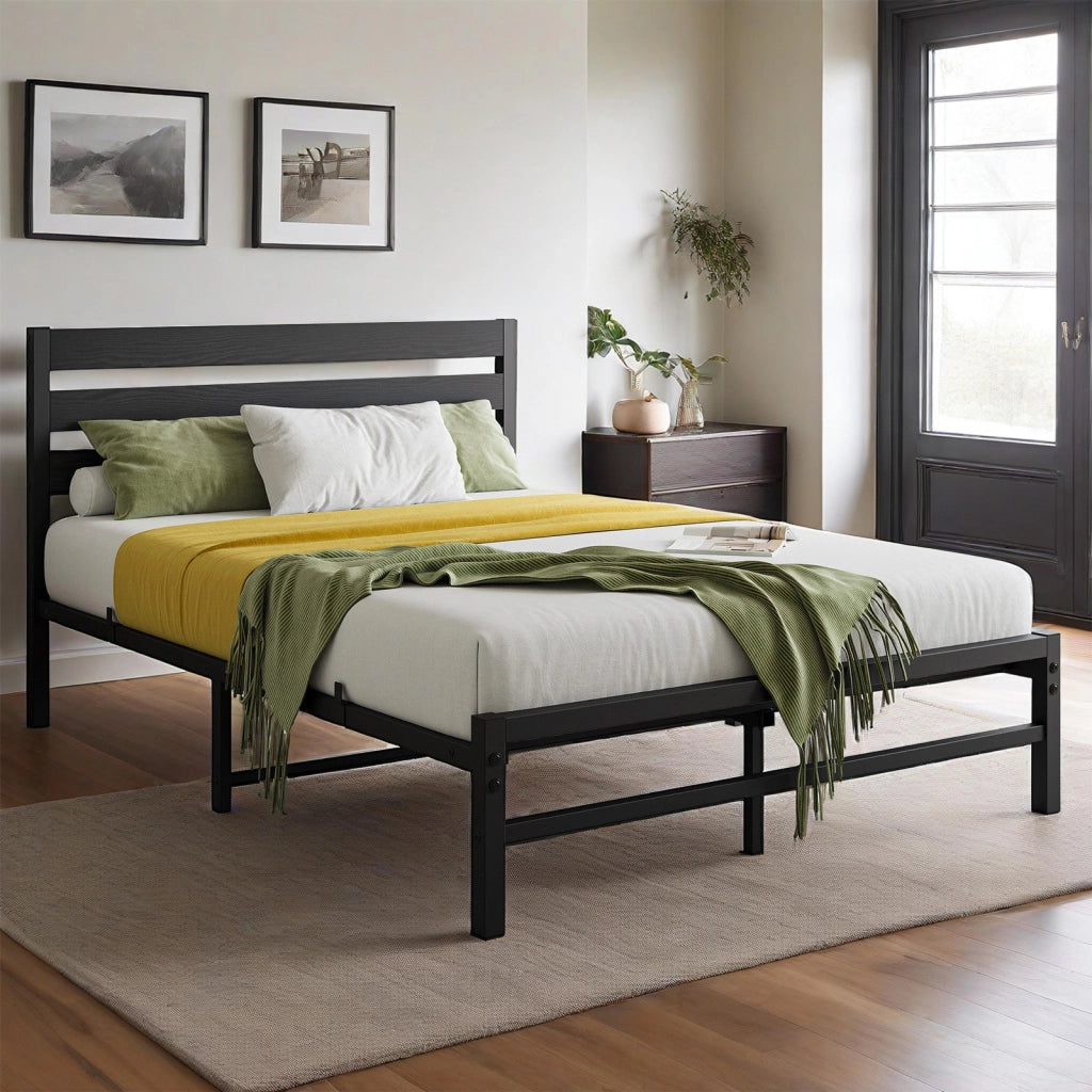 Letto singolo in metallo nero 90x200 cm con testiera MDF e rete a doghe