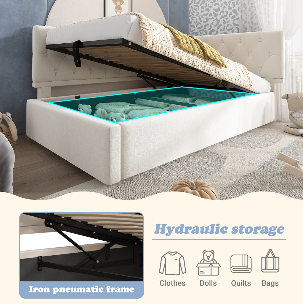 Letto imbottito con contenitore idraulico 90x200 cm in velluto beige; testiera reversibile