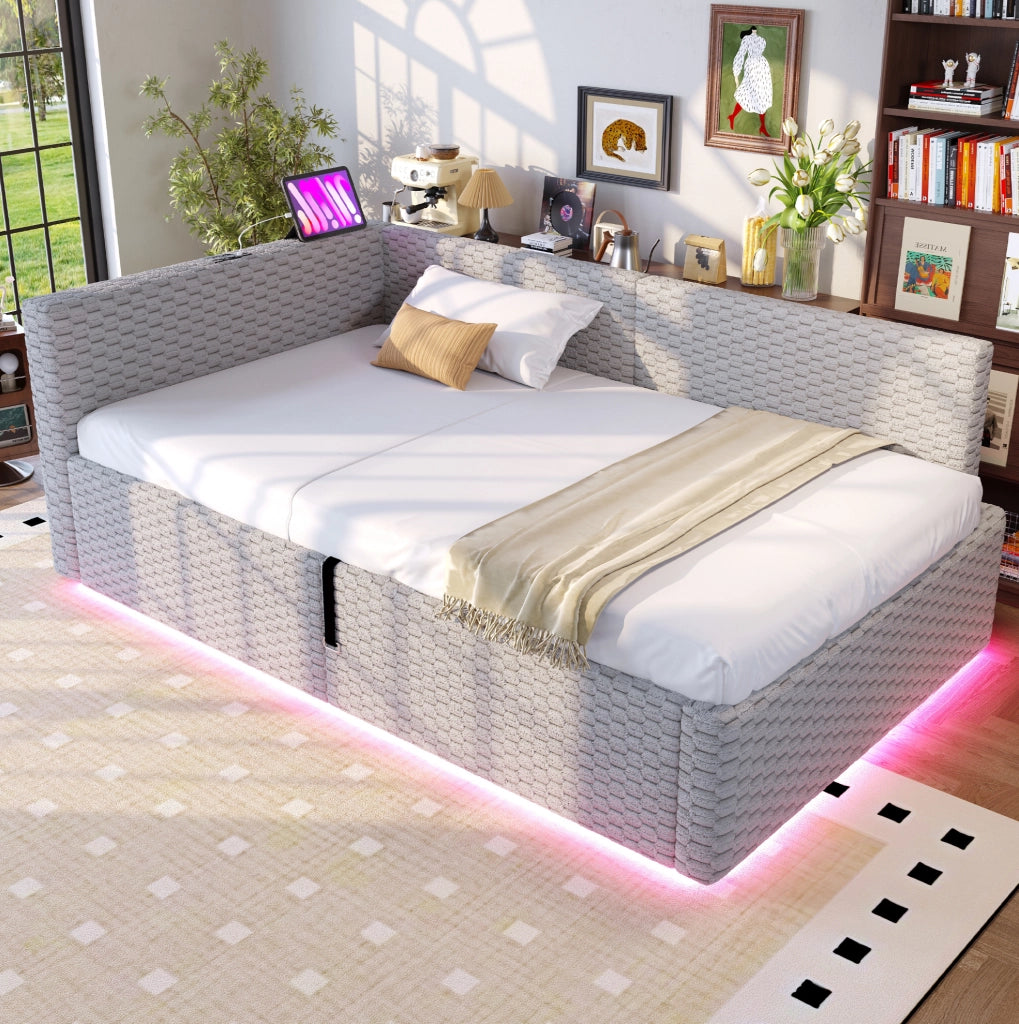 Letto imbottito 90x200 cm con LED, USB-C e vano contenitore grigio