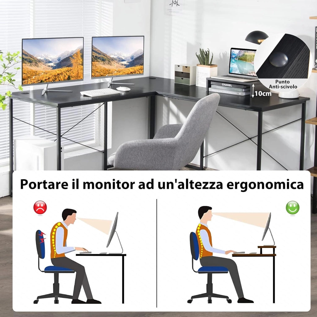 Scrivania Angolare per Computer con Supporto per Monitor, Scrivania Porta PC in Legno, Scrivania Salvaspazio e Moderna per Ufficio e Studio, 240 x 60 x 74 cm (Nero)