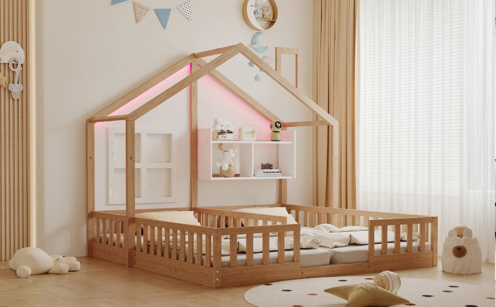 Letto per bambini a forma di casa con LED e doghe, 90x200 cm, legno