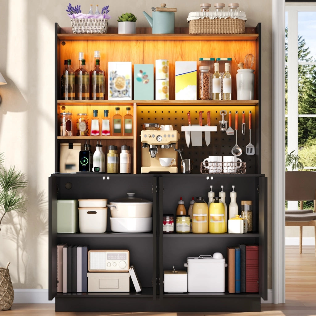 Mobile da cucina con LED RGB e prese USB; 120x43x160 cm in MDF nero e naturale