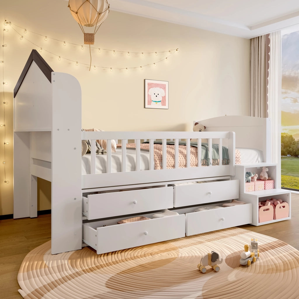 Letto a baldacchino bianco in pino con 4 cassetti LED e scala integrata 90x200 cm