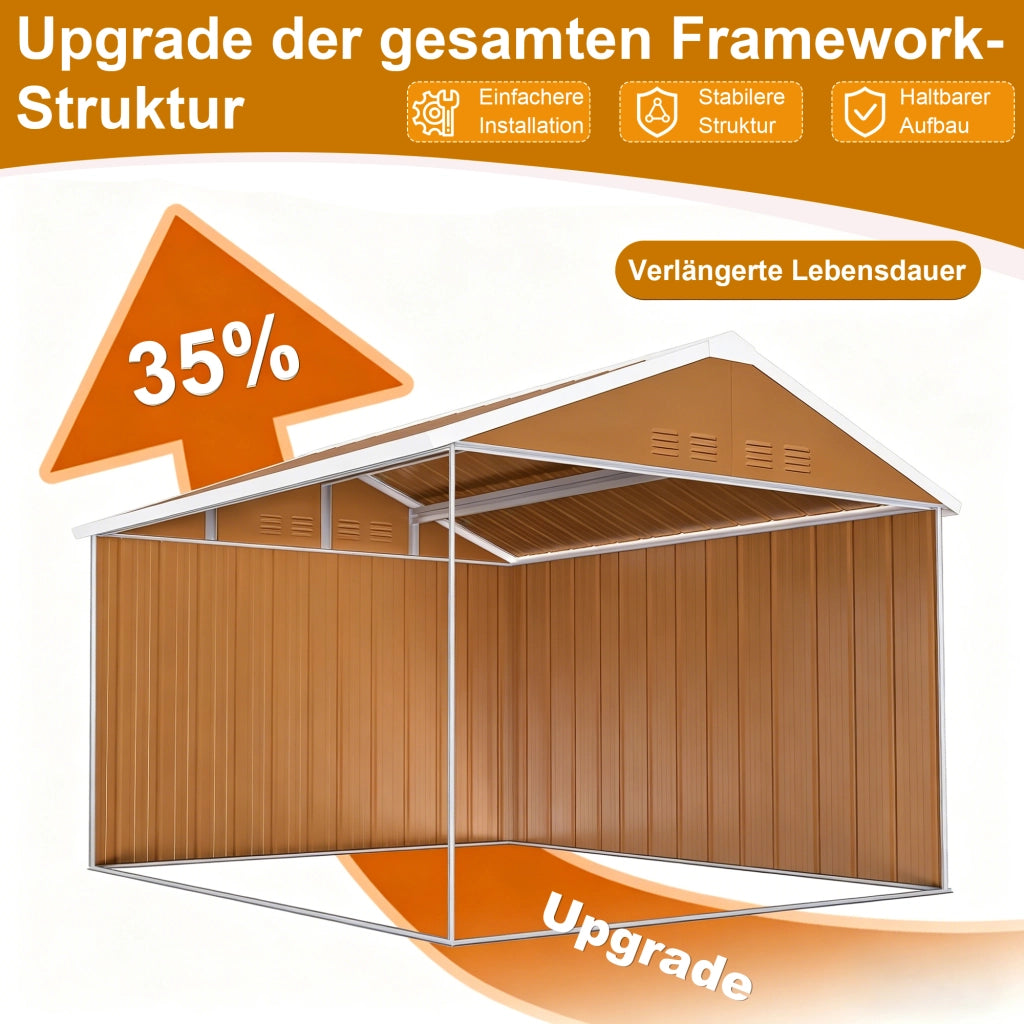 Armadio da giardino in acciaio con doppie porte scorrevoli, ventilazione e tetto a due falde marrone 296 × 233 × 194 cm