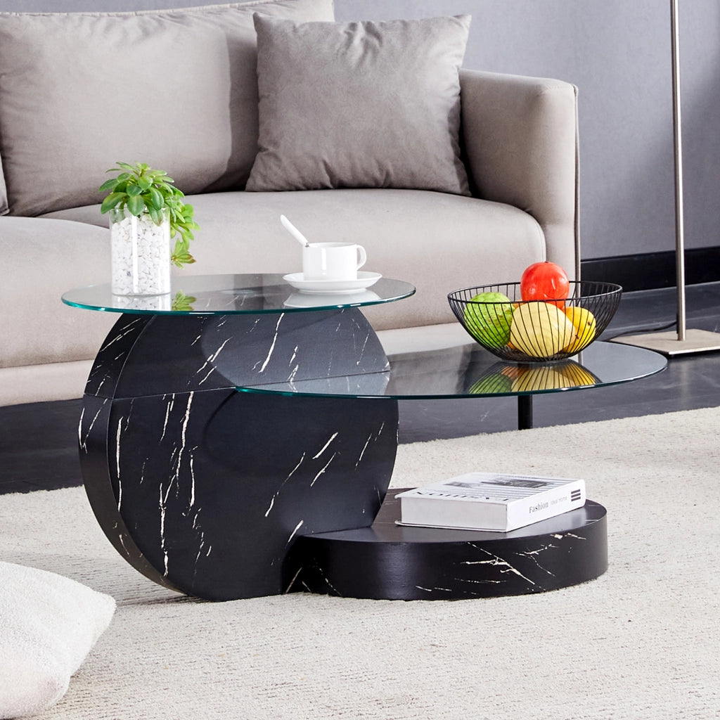 TAVOLINO da caffè a più livelli Ø 49,8/69,8 cm MDF e vetro temperato Nero/Trasparente