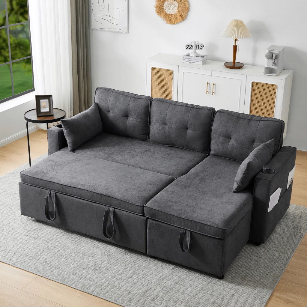 OKWISH Divano Letto con Penisola Reversibile 3 Posti, con Contenitore, Portabicchieri e Tasche Laterali, Cotone Lino Grigio