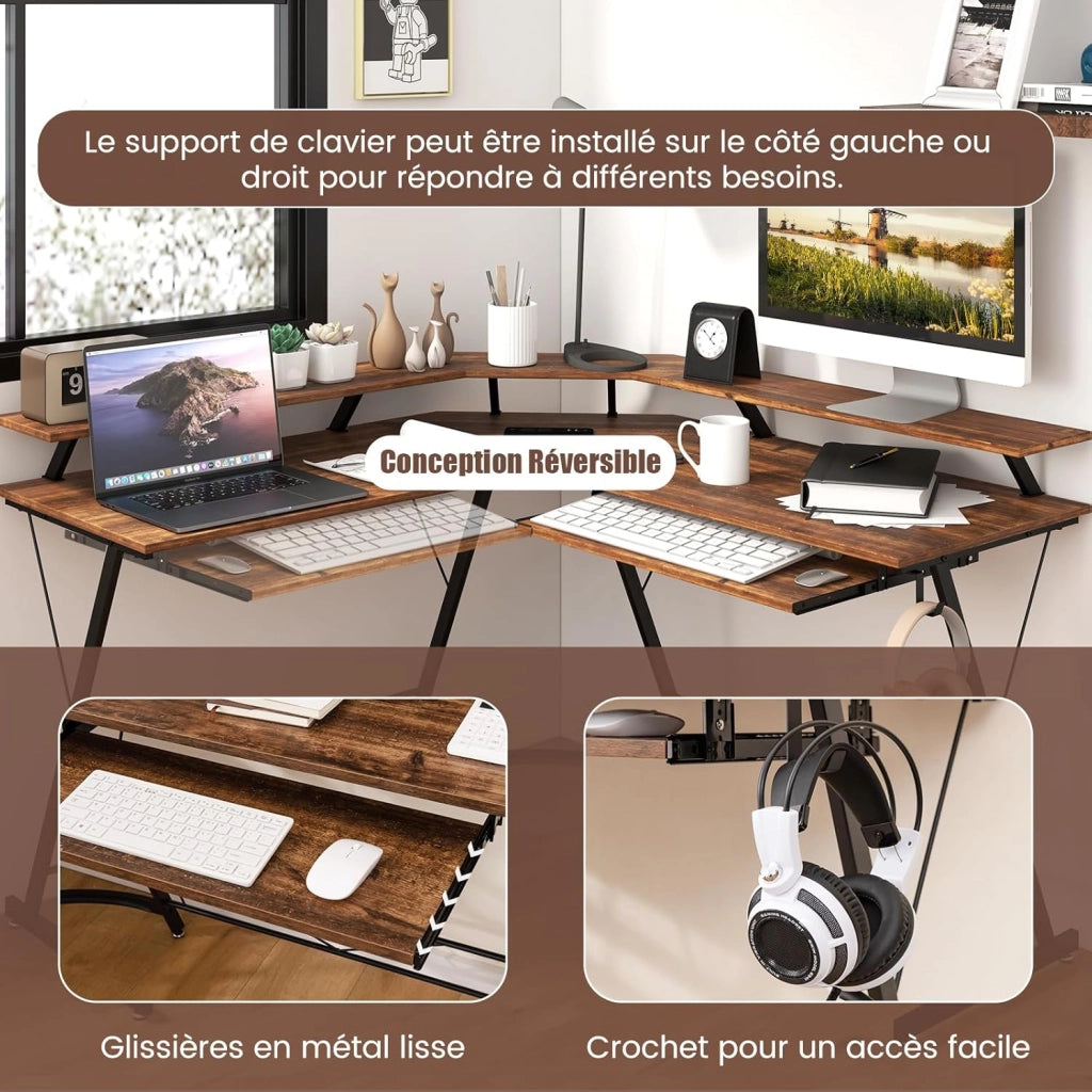 Scrivania angolare per computer a forma di L con 2 prese di corrente, supporto per tastiera, scrivania per computer con 2 porte USB, 130 x 130 x 86 cm (marrone)