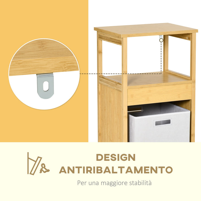 Mobiletto Bagno con Cesto Bucato 40x30x86,5 cm in MDF e Bambù Naturale