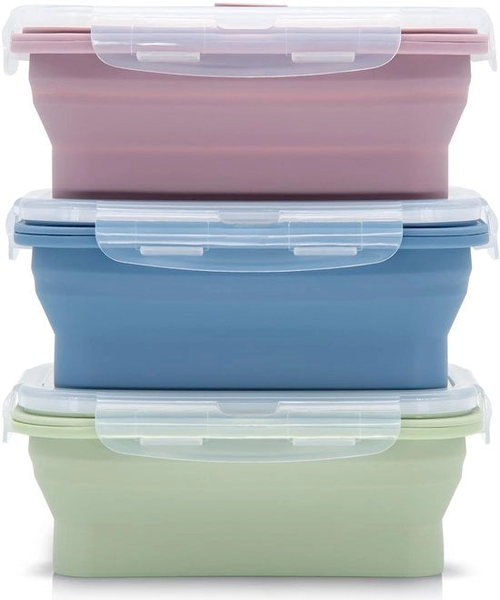 Opvougbili Container per Cibo, 3-pack, Contenitori in Silicone Opvougbili, Boxe per Picnic, Contenitori per Cibo, Resistenti al Congelatore e forno, Ideali per Campeggio, Escursioni e Viaggi, 1200 ml.