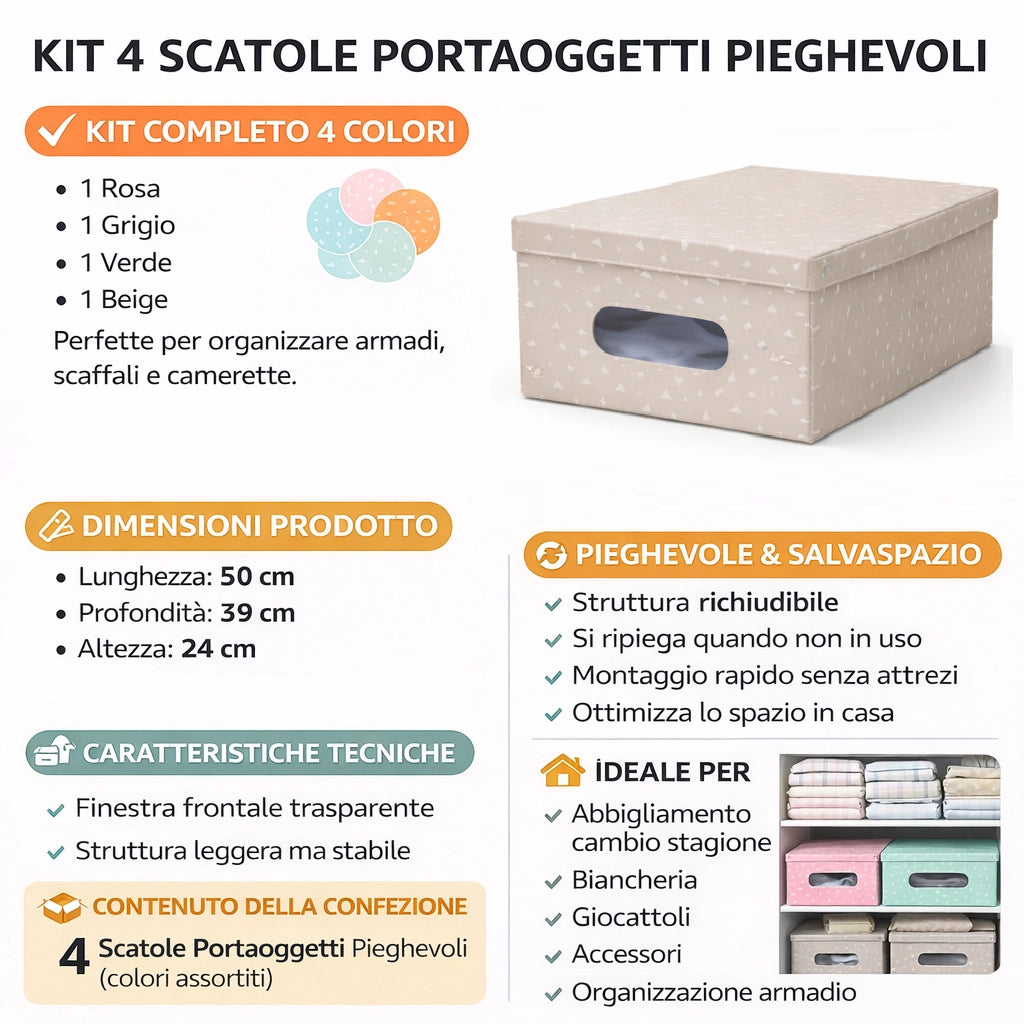 Kit 4pz Scatole Box Sistemazione Armadio in PVC Pieghevole 50x39 H24cm Col.Ass