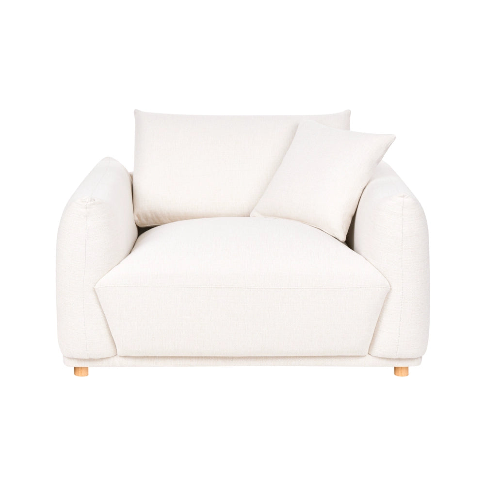 Poltrona da salotto con schienale in tessuto e gambe in legno bianco sporco stile moderno