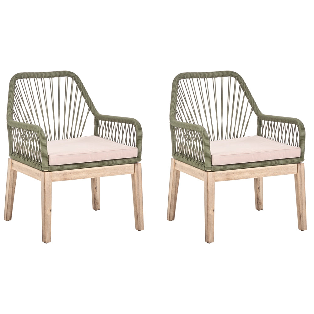 Set di 2 sedie da pranzo da esterno, struttura in polipropilene bianco e verde oliva gambe in legno di acacia, cuscini in poliestere, design moderno, rivestimenti sfoderabili, intreccio in corda