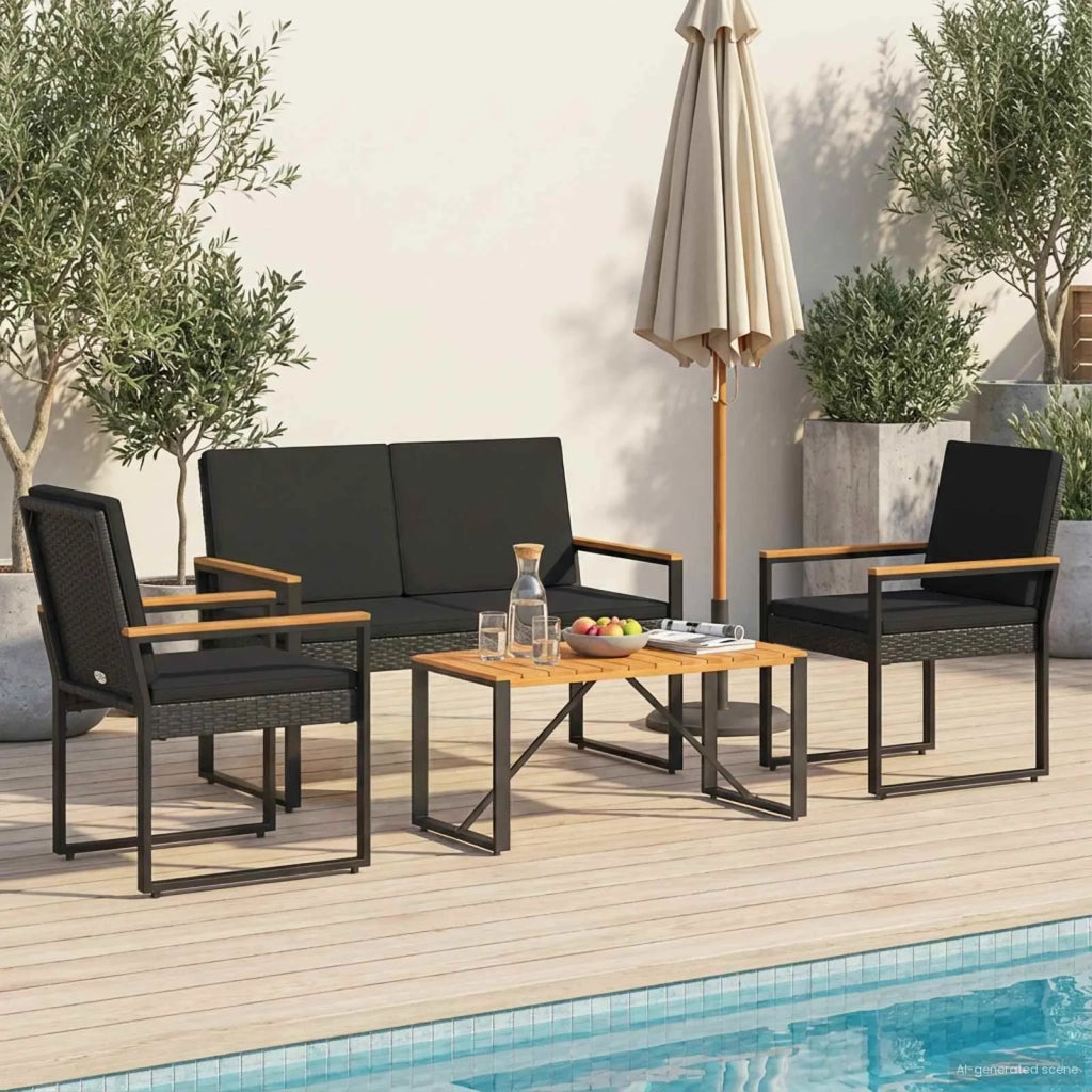 Set Mobili da Esterno con cuscino 4 pcs Nero polyrattan