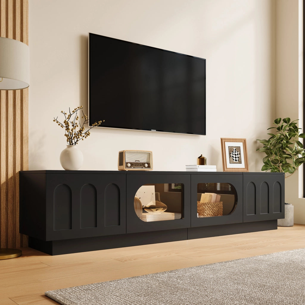 Mobile TV basso con LED APP; 200x40x42 cm; MDF e truciolare; nero