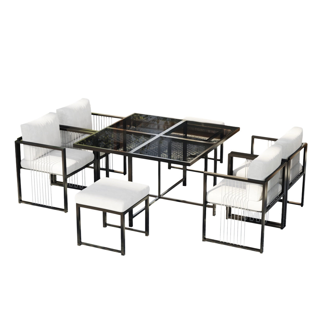 Set da pranzo per esterni da 7 pezzi per 6 persone in metallo e vetro temperato nero e bianco per giardino