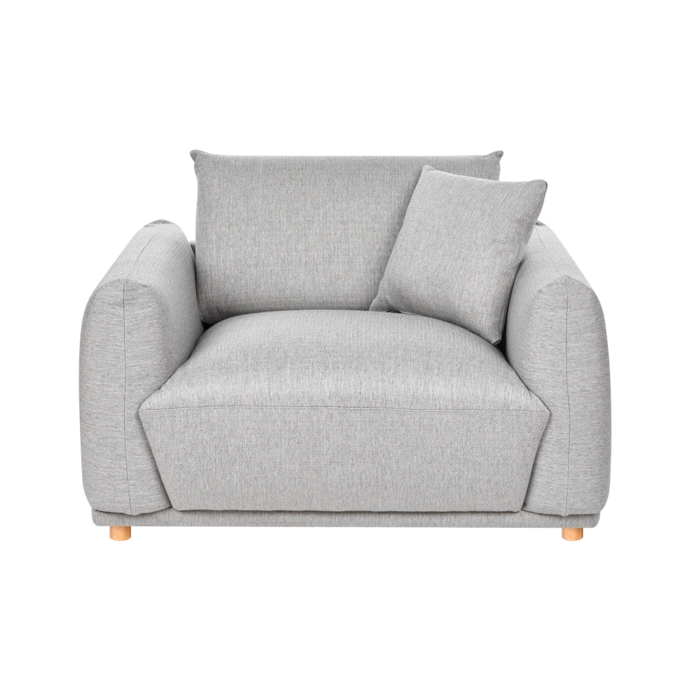 Poltrona da salotto con schienale in tessuto e gambe in legno grigio chiaro stile moderno