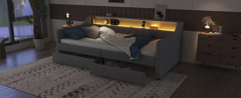 DESMIU Letto banquette 90 × 200 cm 1 posto con 2 cassetti, LED, USB, senza materasso, in lino, grigio