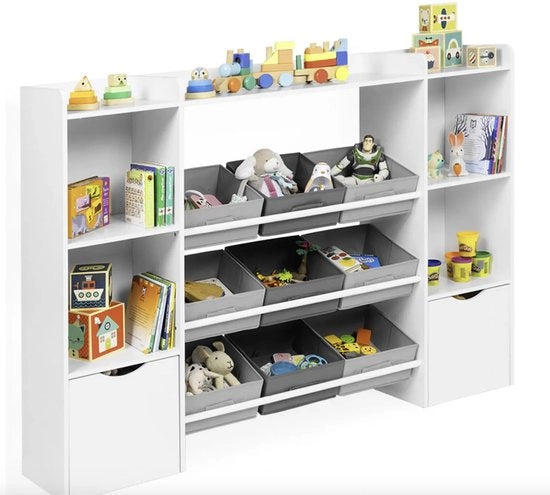 Cassettone per bambini con 7 pannelli, 6 contenitori di stoffa e 2 cassetti ruotanti in cubo – Bianco – 140 x 30 x 100 cm
