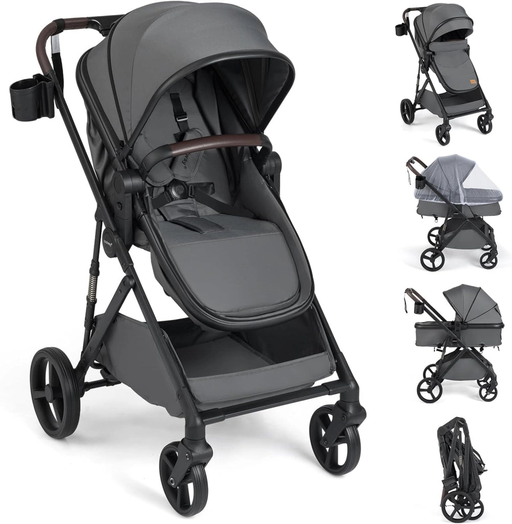 2 in 1 Passeggino Leggero Pieghevole per Bambini, con Schienale Regolabile, Sedile Reversibile, Tettuccio, Cestello Portaoeggetti, per Neonati per 0-36 Mesi (Nero)