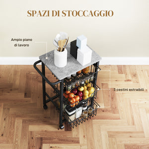Carrello da Cucina 49,5x31x69 cm a 3 Cestelli con Maniglia in Acciaio e Legno Nero e Grigio Chiaro