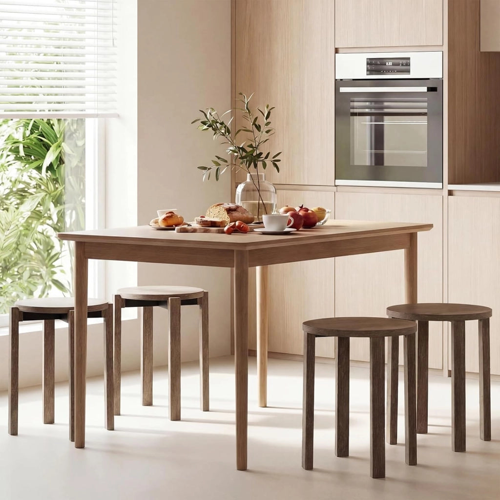 Set di 4 Sgabelli Impilabili 4 in 1, Sgabelli in Legno con Portavaso con Rotelle, 2 Grandi Ø36 cm e 2 Piccoli Ø35 cm, Tavolino Laterale Rotondo per Soggiorno e Camera da Letto (Marrone)